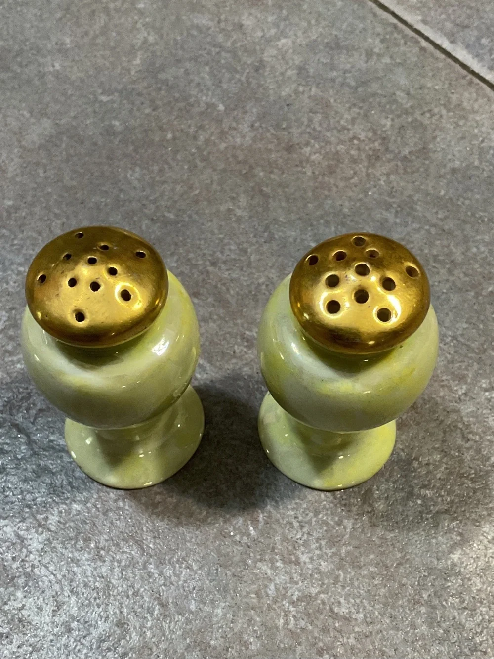 Vintage Ceramic Salt and Pepper Shakers with Gold Tops - Yellow